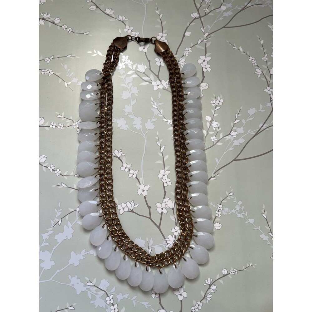 White Teardrop Bib Statement Necklace Double Strand Gold Tone Plastic Beads